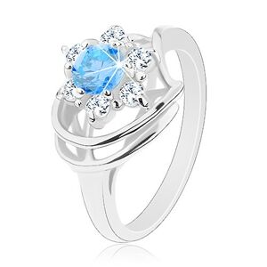 Trblietavý prsteň, modro-číry zirkónový kvietok, lesklé oblúky - Veľkosť: 54 mm