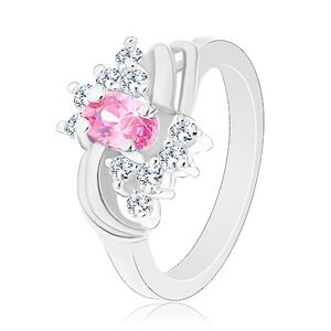 Trblietavý prsteň so striebornou farbou a s ružovým oválom, číre zirkóniky, oblúky - Veľkosť: 62 mm