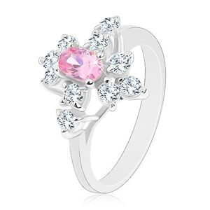 Trblietavý prsteň v striebornej farbe, ružový ovál, číre zirkóniky - Veľkosť: 52 mm
