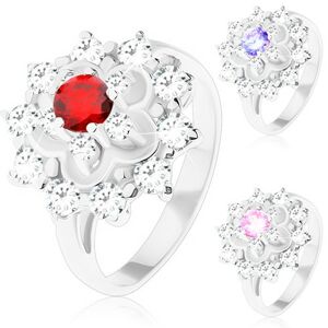 Trblietavý prsteň v striebornom odtieni, kontúra kvetu, okrúhle zirkóny - Veľkosť: 54 mm, Farba: Svetlofialová