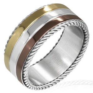 Trojfarebný prsteň z ocele - točené lanko na okraji - Veľkosť: 54 mm