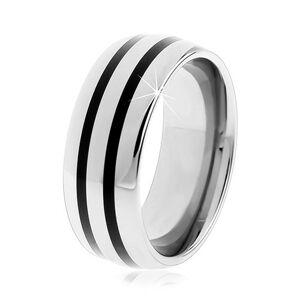 Tungstenový hladký prsteň, jemne vypuklý, lesklý povrch, dva čierne pruhy - Veľkosť: 62 mm