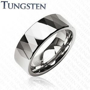 Tungstenový prsteň - lesklé kosoštovrce a trojuholníky, strieborná farba - Veľkosť: 51 mm
