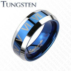 Tungstenový prsteň - modro striebornej farby, rímske čísla - Veľkosť: 69 mm