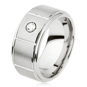Tungstenový prsteň striebornej farby so zárezmi, matný sivý povrch, zirkón - Veľkosť: 51 mm