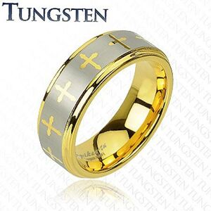 Tungstenový prsteň v zlatom odtieni, krížiky a pás striebornej farby, 8 mm - Veľkosť: 52 mm