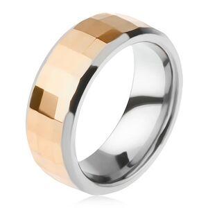 Volfrámový prsteň - dvojfarebný, geometricky brúsený pás zlatej farby - Veľkosť: 62 mm