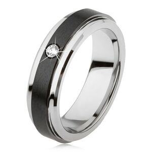 Volfrámový prsteň striebornej farby, čierny keramický pás, zirkón - Veľkosť: 59 mm