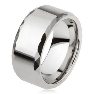 Volfrámový prsteň striebornej farby, geometricky brúsené okraje, hladký povrch - Veľkosť: 57 mm