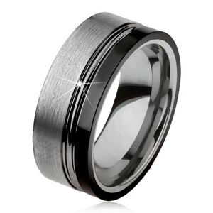 Wolfrámový prsteň, dva zárezy, oceľovosivá a čierna farba, lesklo-matný povrch - Veľkosť: 54 mm