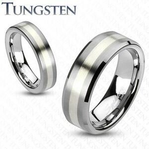 Wolfrámový prsteň - matný šedý s pásom striebornej farby - Šírka: 5 mm, Veľkosť: 62 mm