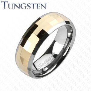 Wolfrámový prsteň - obdĺžnikové lomené fazety zlatej farby - Veľkosť: 52 mm
