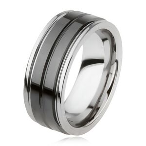 Wolfrámový prsteň s lesklým čiernym povrchom a zárezom, strieborná farba - Veľkosť: 62 mm