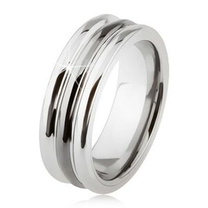 Wolfrámový prsteň s lesklým povrchom, dva zárezy, čierna a strieborná farba - Veľkosť: 59 mm