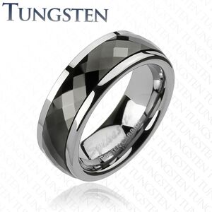 Wolfrámový prsteň s otáčavým stredom - čierne kosoštvorce - Veľkosť: 51 mm