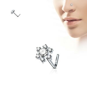 Zahnutý piercing do nosa z ocele - kvetina z čírych zirkónov