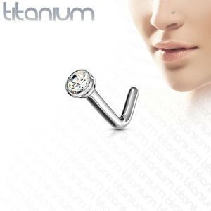 Zahnutý piercing do nosa z titánu - drobný okrúhly zirkón v objímke, 0,8 mm - Farba zirkónu: Dúhová - AB