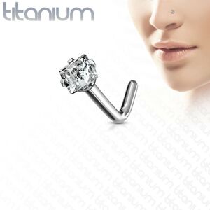 Zahnutý piercing do nosa z titánu - štvorcový brúsený zirkón v kotlíku - Hrúbka piercingu: 1 mm, Veľkosť hlavičky: 2 mm
