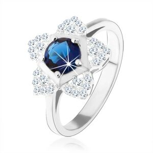 Zásnubný prsteň, striebro 925, ligotavý kvietok, okrúhly modrý zirkón - Veľkosť: 49 mm