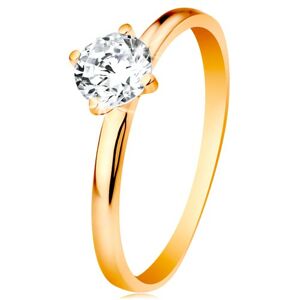 Zásnubný prsteň v žltom 14K zlate - hladké ramená, žiarivý okrúhly zirkón čírej farby - Veľkosť: 58 mm