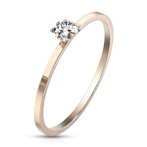 Zásnubný prsteň z ocele medenej farby - číry zirkón v tvare štvorca, lesklý povrch - Veľkosť: 52 mm