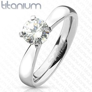 Zásnubný prsteň z titánu, strieborná farba, okrúhly číry zirkón, lesklé ramená - Veľkosť: 52 mm