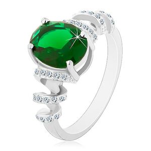 Zásnubný ródiovaný prsteň, striebro 925, oválny zelený zirkón, ligotavé špirály - Veľkosť: 52 mm