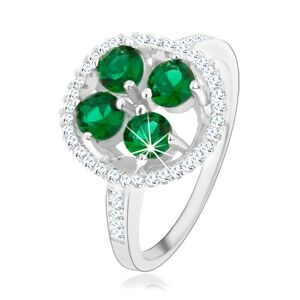 Zásnubný strieborný prsteň 925, okrúhly ligotavý kvet, zelené zirkóny - Veľkosť: 61 mm
