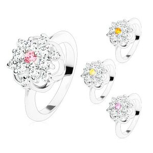 Žiarivý prsteň s lesklými ramenami, brúsené farebné zirkóny, kontúra kvetu - Veľkosť: 49 mm, Farba: Svetložltá