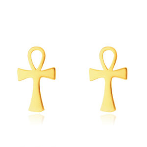 Zlaté 14K náušnice - Anch, vzor nílskeho kríža, puzetové zapínanie