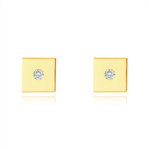 Zlaté 14K náušnice - hladký lesklý štvorček, drobný okrúhly zirkón, puzetové zapínanie