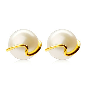 Zlaté 375 náušnice - kultivovaná biela perla, tenká zvlnená línia, puzetky