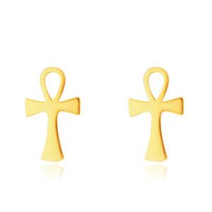 Zlaté 9K náušnice - Anch, vzor nílskeho kríža, puzetové zapínanie