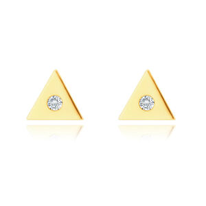 Zlaté 9K náušnice - malý trojuholník s čírym zirkónom v strede, puzetky