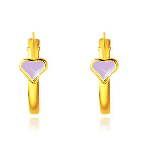 Zlaté náušnice 14k - krúžky, glazúrované svetlofialové srdce, lesklý obrys, 14 mm