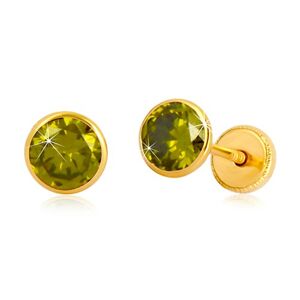 Zlaté náušnice 585 - okrúhly zirkón zelenej farby, puzetky so závitom, 5 mm