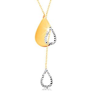 Zlatý 14K náhrdelník - jemná retiazka, slza s výrezom a visiaci obrys kvapky