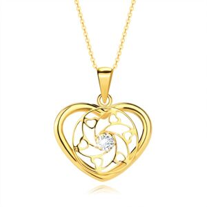 Zlatý 14K náhrdelník - obrys srdca s okrúhlou pavučinkou a ornamentami, číry zirkón