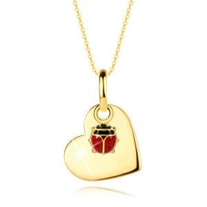 Zlatý 14K náhrdelník - ploché srdce, drobná lienka s červenými krídlami