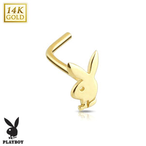 Zlatý 14K piercing do nosa - zahnutý, zajačik Playboy s motýlikom, žlté zlato