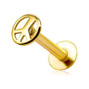 Zlatý 14K piercing do pery a brady - okrúhly symbol mieru, lesklý povrch