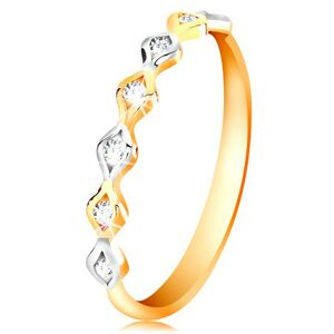 Zlatý 14K prsteň - dvojfarebné zrnká so vsadenými zirkónmi, vysoký lesk - Veľkosť: 51 mm