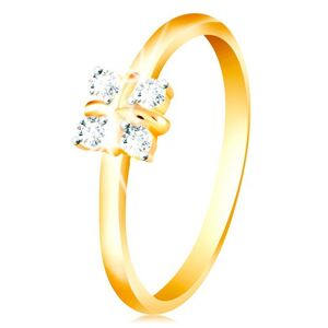 Zlatý 14K prsteň - lesklé zaoblené ramená, štyri číre zirkóny, krížik v strede - Veľkosť: 49 mm