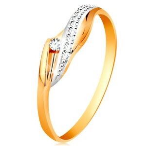 Zlatý 14K prsteň - lesklé zvlnené ramená, trblietavá číra vlnka a zirkón - Veľkosť: 54 mm