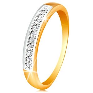 Zlatý 14K prsteň - ligotavý pás z čírych zirkónov s lemom z bieleho zlata - Veľkosť: 54 mm