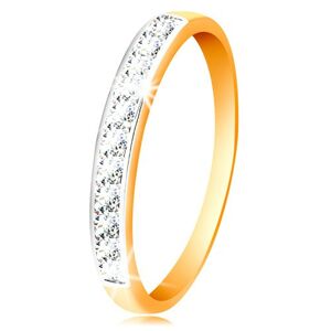 Zlatý 14K prsteň - ligotavý pás z čírych zirkónov s obrubou z bieleho zlata - Veľkosť: 50 mm