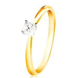 Zlatý 14K prsteň - tenké ramená, číry zirkón v kotlíku z bieleho zlata - Veľkosť: 52 mm