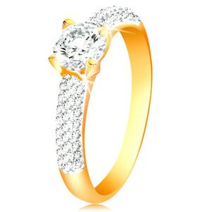 Zlatý 14K prsteň - trblietavé ramená, vyvýšený okrúhly zirkón čírej farby - Veľkosť: 59 mm