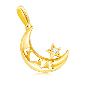 Zlatý 375 prívesok - mesiac s nápisom "LOVE", hviezda s čírym zirkónikom