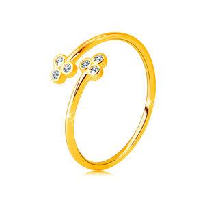 Zlatý 585 prsteň s úzkymi ramenami - dva trojlístky s čírymi okrúhlymi zirkónikmi - Veľkosť: 49 mm